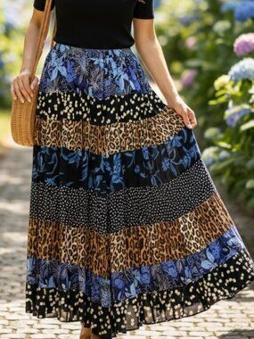 VTG Sarah Arizona BOHO Peasant Mixed‎ Print Tiered Skirt Sz M #296A